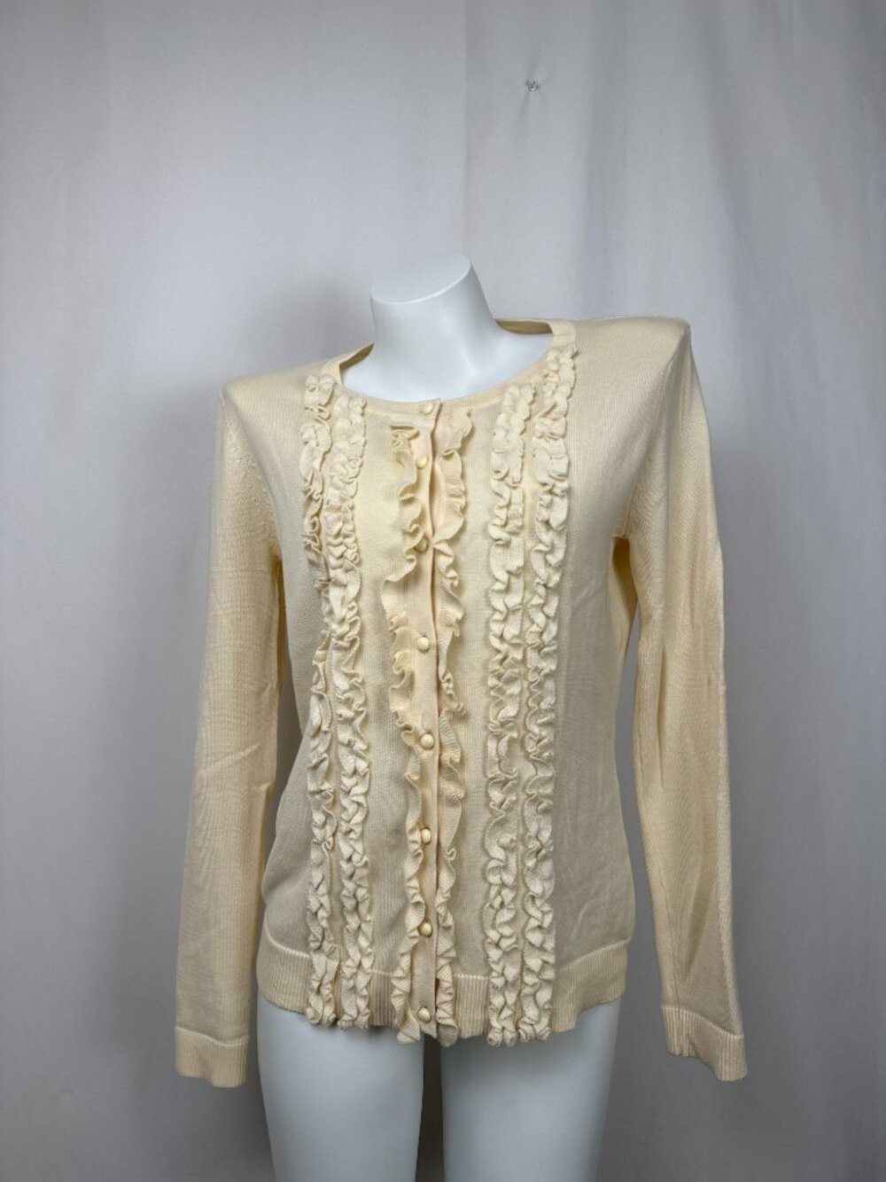 Pure Alfred Sung Women Ruffle Cardigan Sweater Size M Cream Cotton Long Sleeve